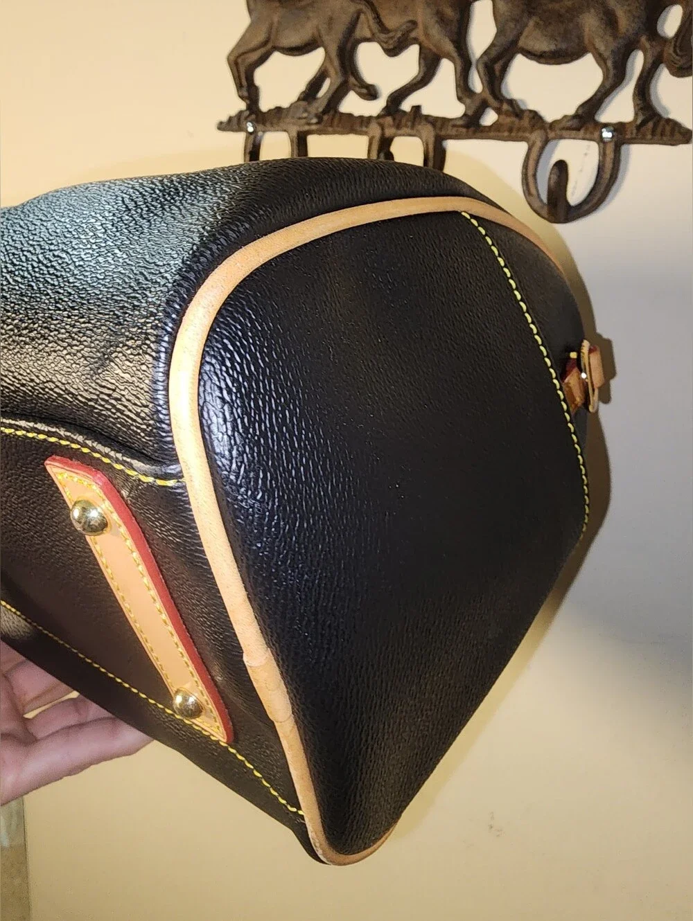 Dooney & Bourke Black Pebbled Leather Olivia Satchel Tan Handles